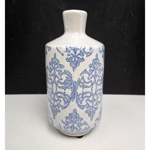 Unbranded Other - Blue and White Terracotta Vase Distressed Finish Floral Scroll Shabby Chic 7.5"